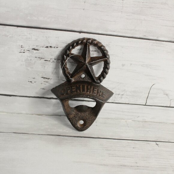 Cast Iron Bottle Opener Western Star Beer Soda Bar Wall Mount - Picture 2 of 4